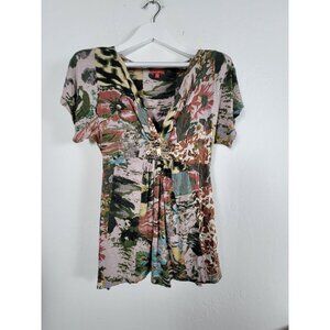 One.September Womens Floral V-Neck Short Sleeve Top Small Multicolor Stretch